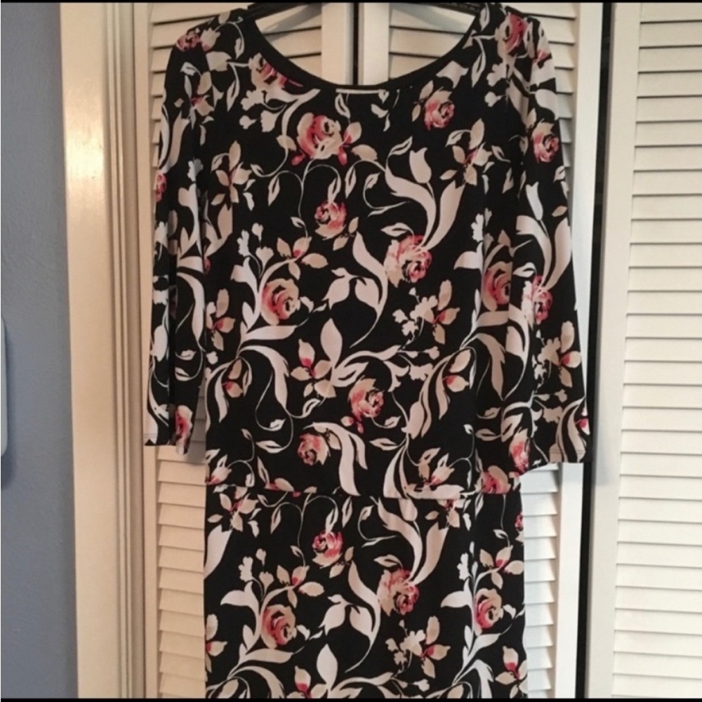 WHBM Black and Pink Floral Pattern Drop Waist Dress Sz M